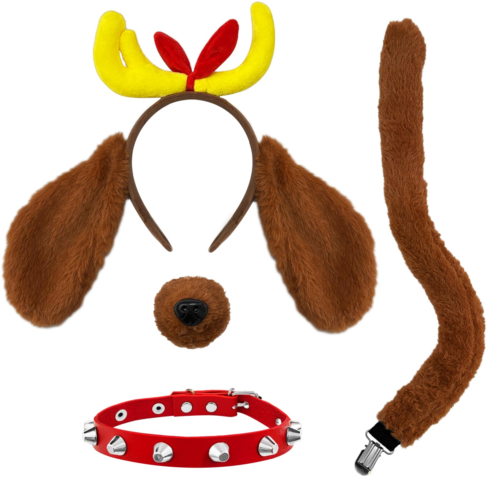 Photo 1 of 4Pcs Antler Headband with Dog Ears Costume Set,Dogs Antlers Headpiece Collar Nose Tail Animal Dress Up Accessories for Kids,Adults,Dogs,Halloween,Christmas,Yellow