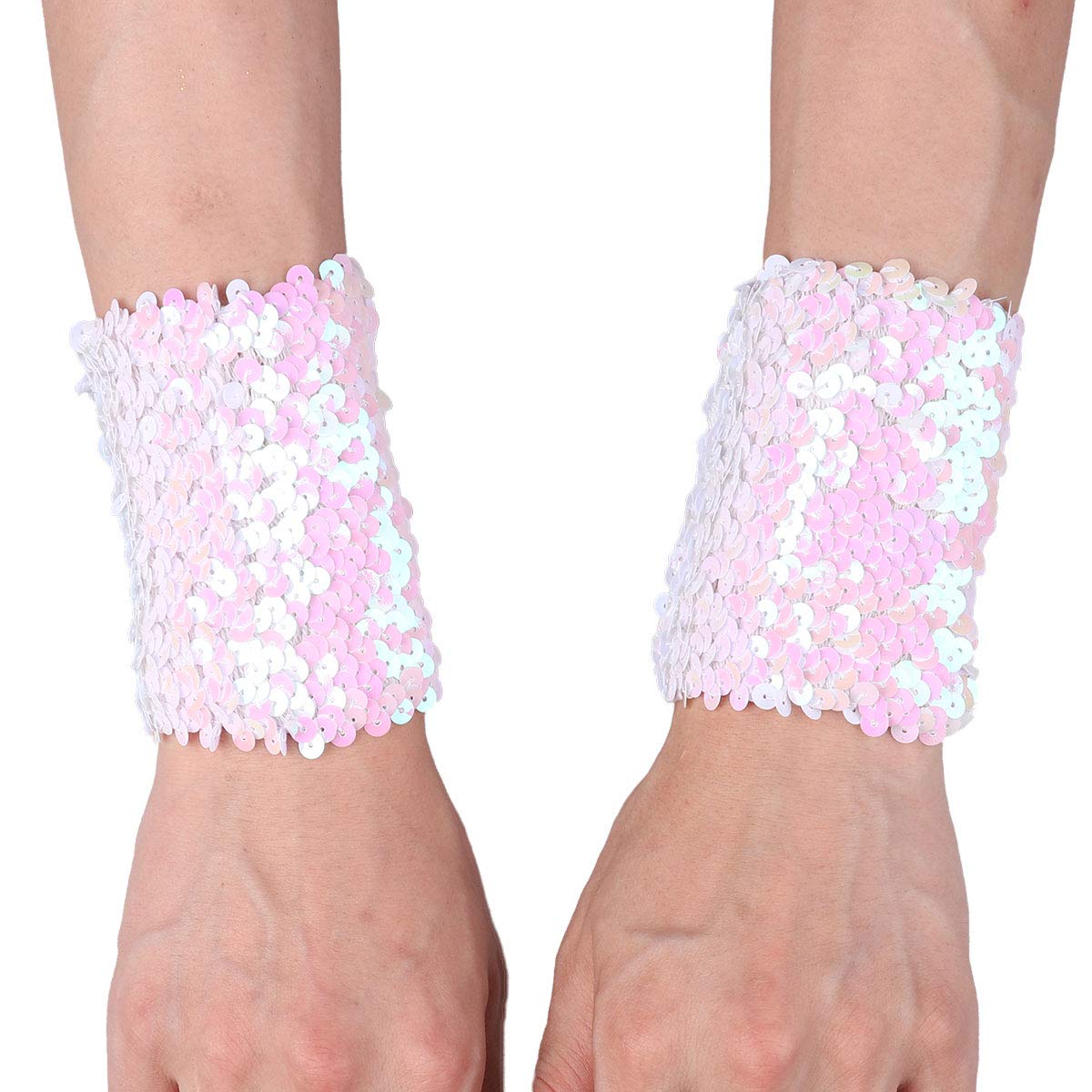 iEFiEL 1 Pair Women's Shiny Sequin Stretchy Oversleeves Sparkle Rave Dance Performance Costume Cuffs White One Size