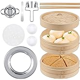 Tessco for you 59 Pcs 2 Tier 12 Inch Bamboo Steamer Basket Set Including Bamboo Steamer Stainless Steel Ring Dumpling Maker Mold and Cutter Spoon 2 Pair Chopsticks 2 Sauce Dish 50 Paper Liners
