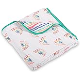 LollyBanks Muslin Baby Quilt, 100% Cotton 6-Layer Soft Baby Blanket for Boys and Girls, Large 47 x 47 Inches Infant Receiving Blanket, Durable Toddler Quilt, Cozy Muslin Blankets (Rainbow Wave Print)