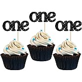 24Pcs One Cupcake Toppers Glitter Baby 1st Birthday Party Cupcake Food Picks Baby Shower Boys Girls Kids First Birthday Party Cake Decorations Supplies Black