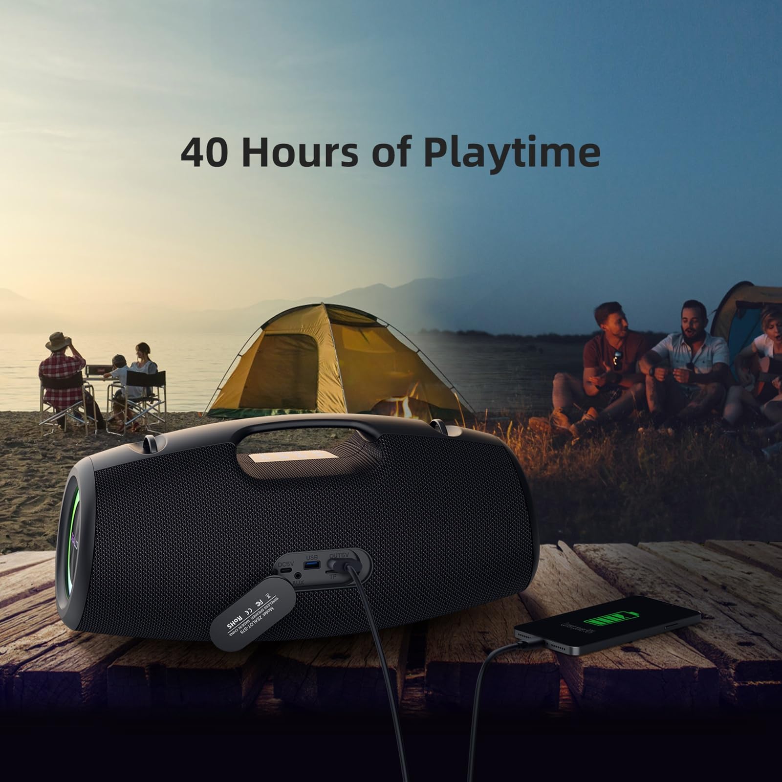 ZEALOT Bluetooth Speaker,120W Outdoor Speaker with Booming Bass,IP67 Waterproof Speaker with LED Light, Bluetooth 5.2,Portable Speaker for Camping,Beach,Gifts(Black)