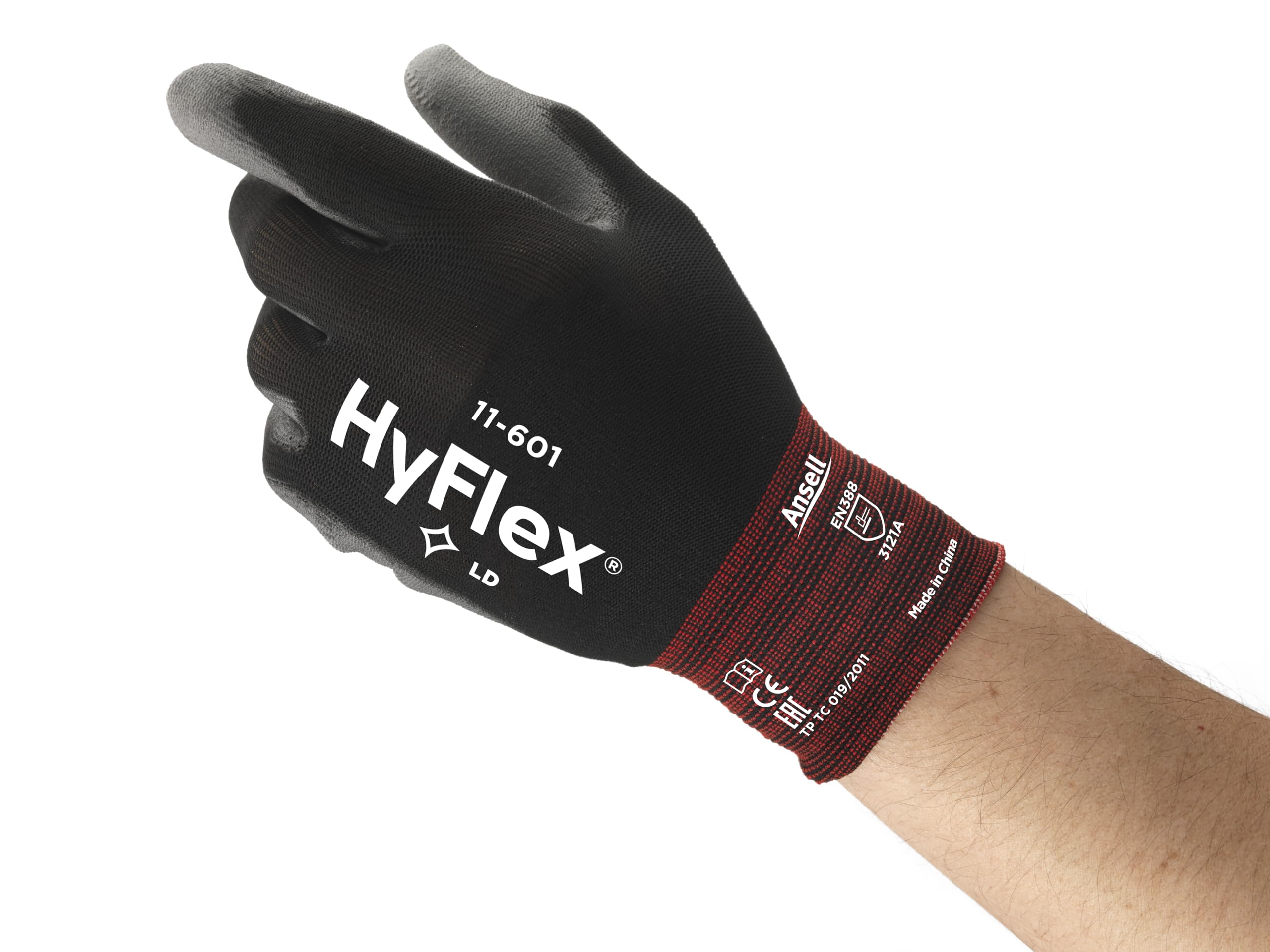Ansell HyFlex 11-601 Thin Work Gloves, Stretch Fit Nylon Liner with Flexible PU Coating, Lightweight Safety Gloves for Precision Handling, DIY and Mechanics, Black, Size XL (12 Pairs)