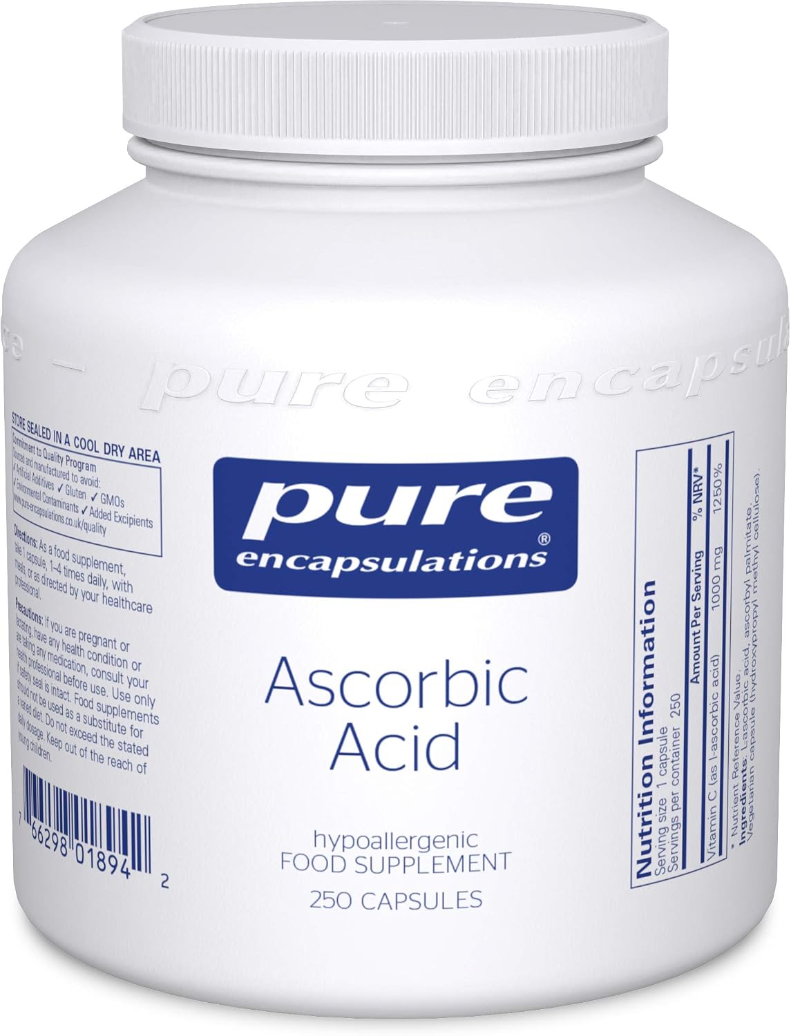 Pure Encapsulations Ascorbic Acid - 1000mg Professional Strength Vitamin C - Hypoallergenic Supplement - 250 Capsules