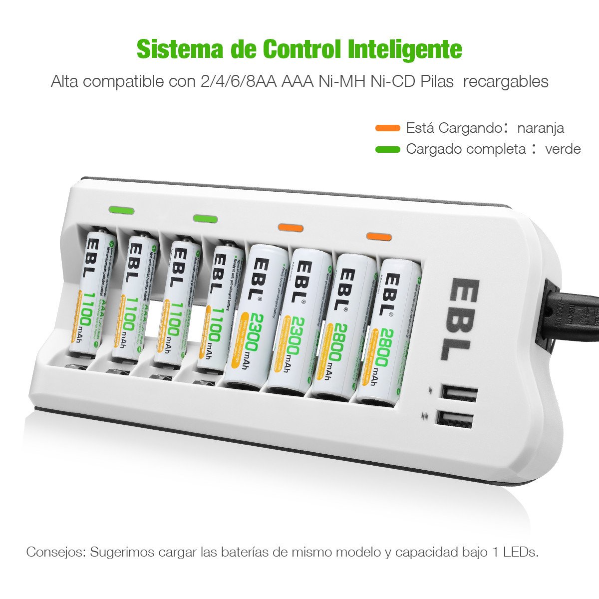 EBL 808U Cargador de Batería con 8 Ranuras para Batería Recargable AA / AAA NiMH/NiCd con 2 Puertos de USB
