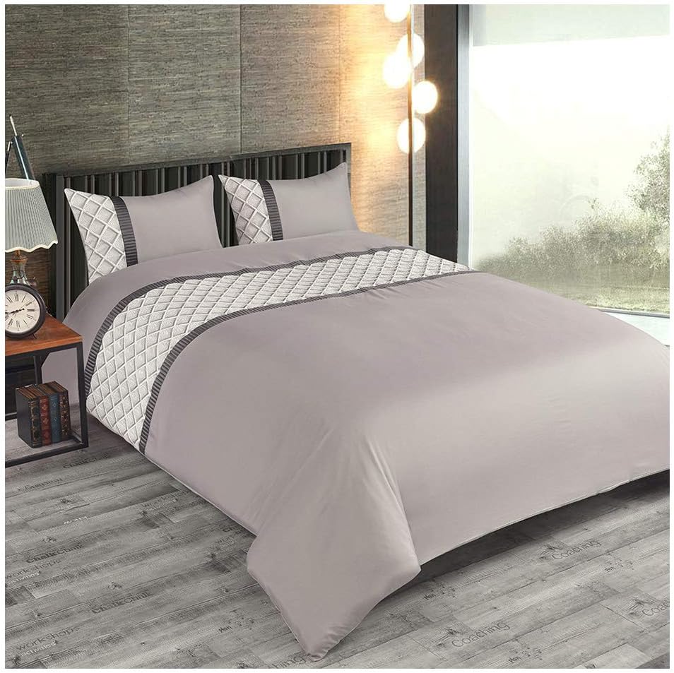 Eleanor Fashion Home Duvet Cover Double with 2 Pillowcases, Embroidery Quilt Bedding Set with Pillowcases for Home and Hotel, Microfiber Silver Grey(Stripe)