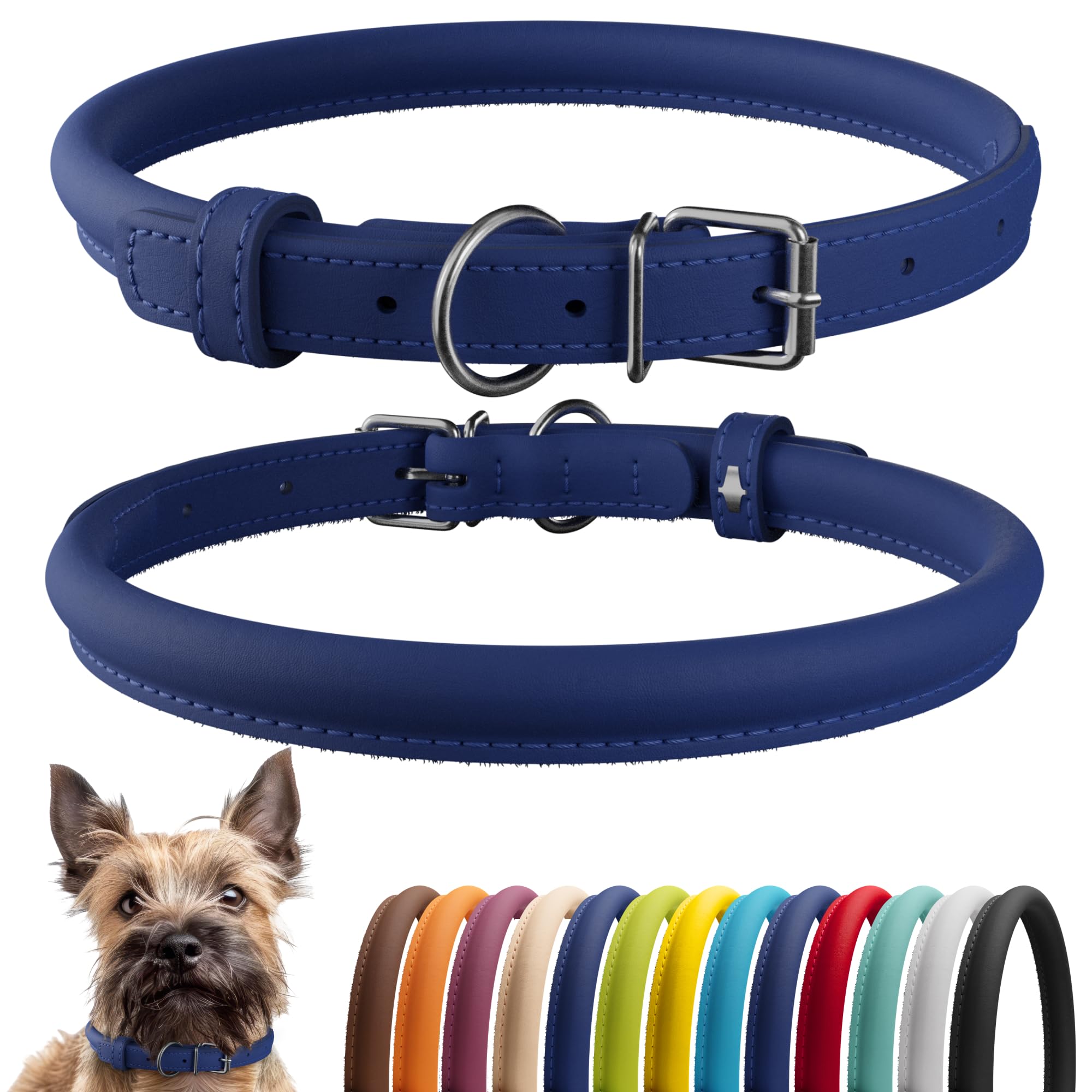 Photo 1 of CollarDirect Rolled Leather Dog Collar, Soft Padded Round Puppy Collar, Handmade Genuine Leather Collar Dog Small Large Cat Collars 13 Colors (6-7 Inch, Deep Blue Smooth)