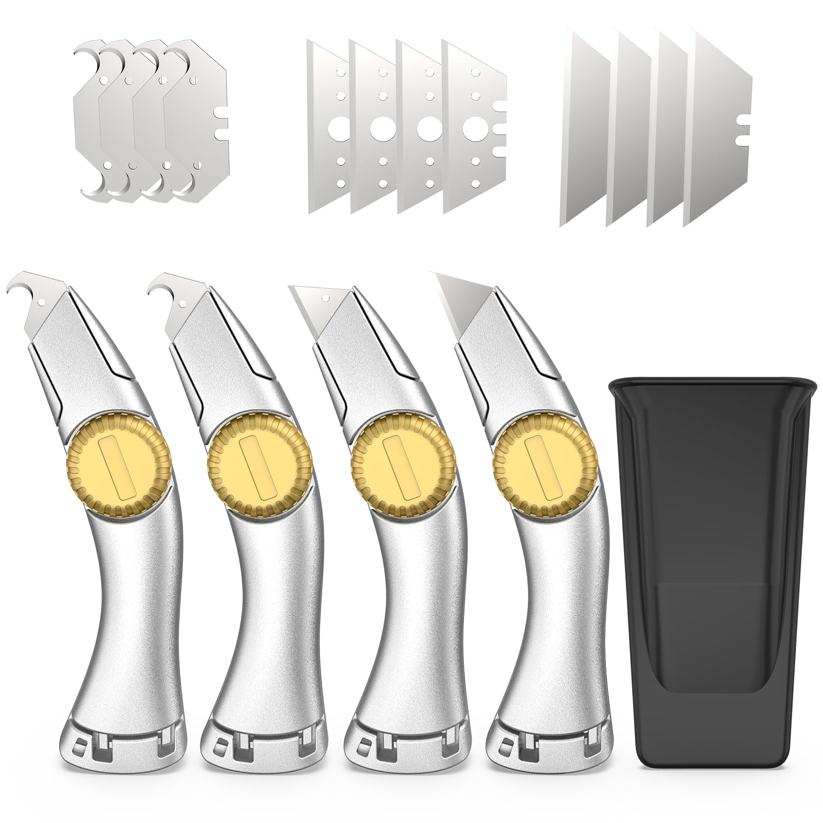Photo 1 of 4PCS Silver Fixed Blade Roofing Knife, Heavy Duty Utility Knife for Drywall, Vinyl, Carpet Cutting, Metal Roofing Tools with Portable Storage Sheath, Replacement Blades, Navajas para Roofing