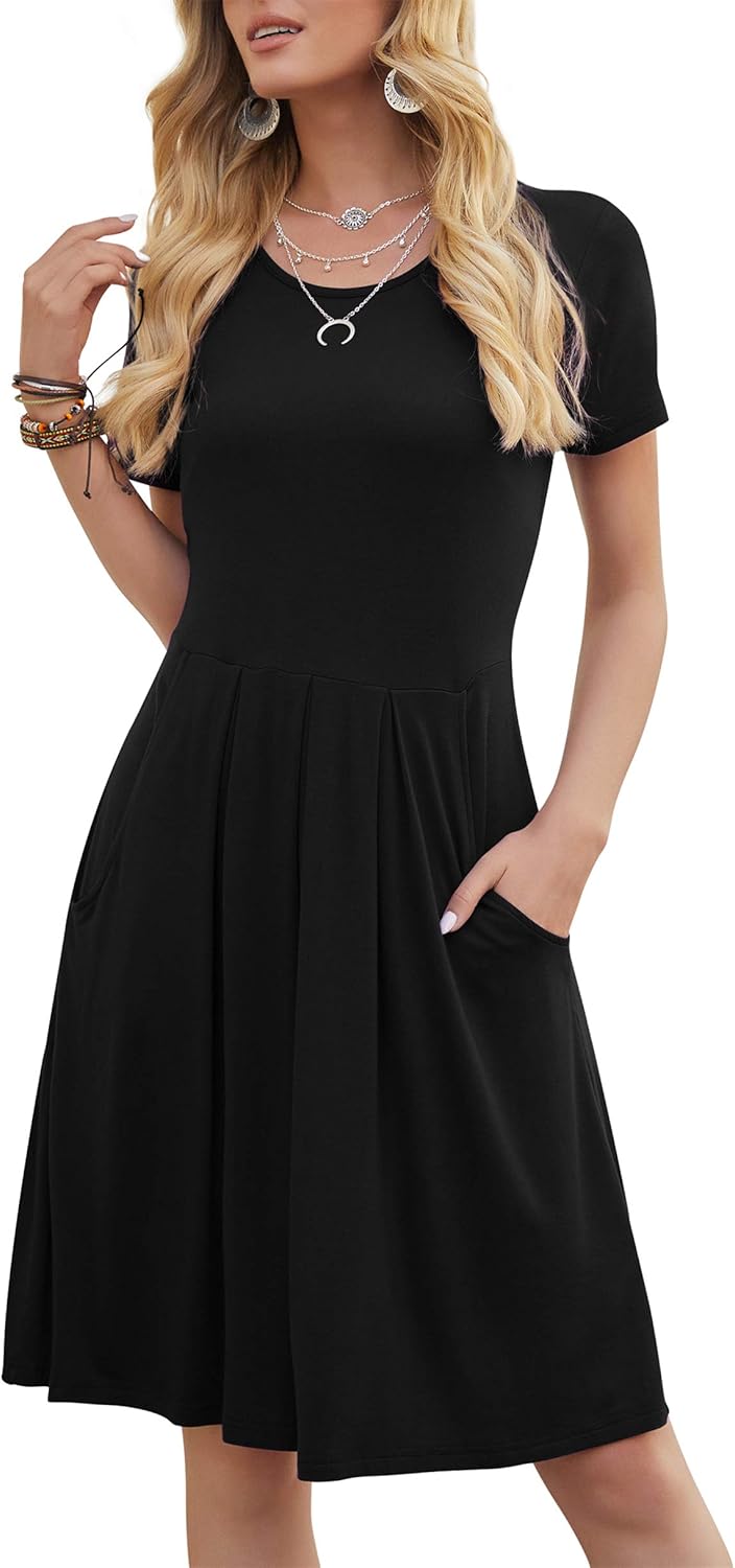 DouBCQ Women's Casual Flowy Pleated Loose Dresses with Pockets