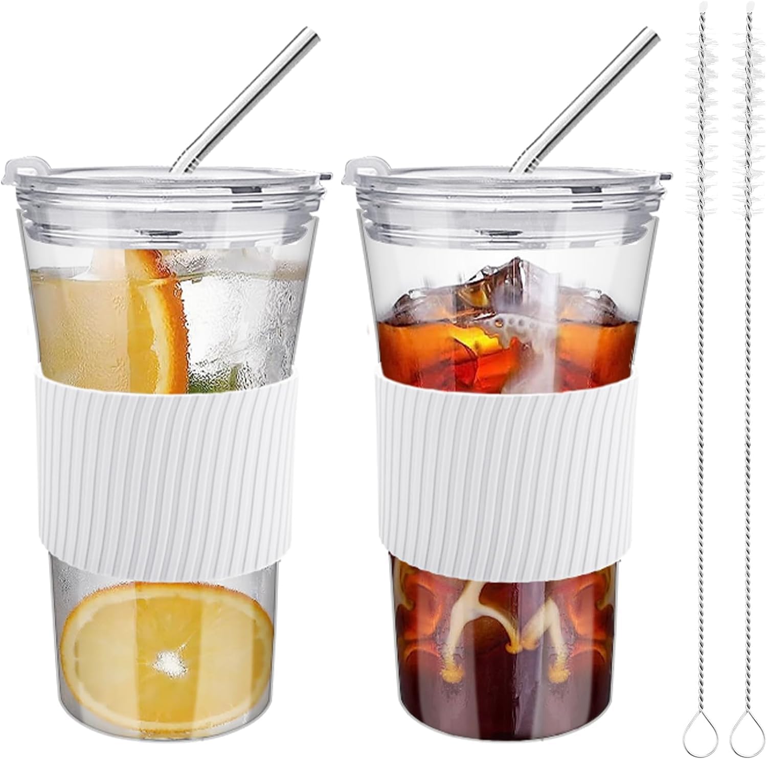 Photo 1 of 2 pcs Iced Coffee Cups with Lids, 16 oz Glass Cups with Lids and Straws, Reusable Tumbler with Silicone Sleeve, Wide Mouth Can Shaped Drinking Glasses for Coffee Juice Water Smoothie (White)