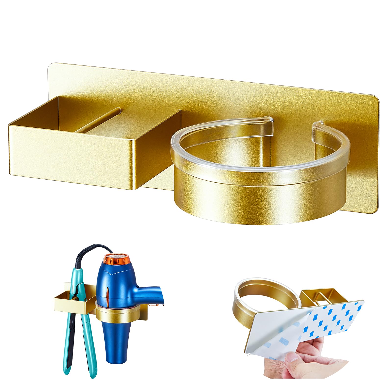 Photo 1 of Blow Dryer Holder Wall Mounted, Hair Straightener Holder, Hair Dryer Holder Adhesive, Hair Tool Organizer for Flat Iron, Hairdryer, Curling Iron Holder for Bathroom Vanity Barber Shop (Gold)