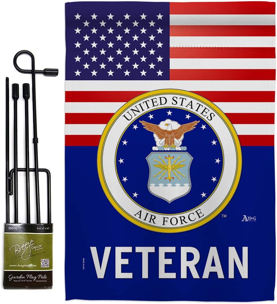 US Air Force Veteran Garden Flag - Set with Stand Armed Forces USAF United State American Military Retire Official - House Decoration Banner Small Yard Gift Double-Sided Made in USA 13 X 18.5
