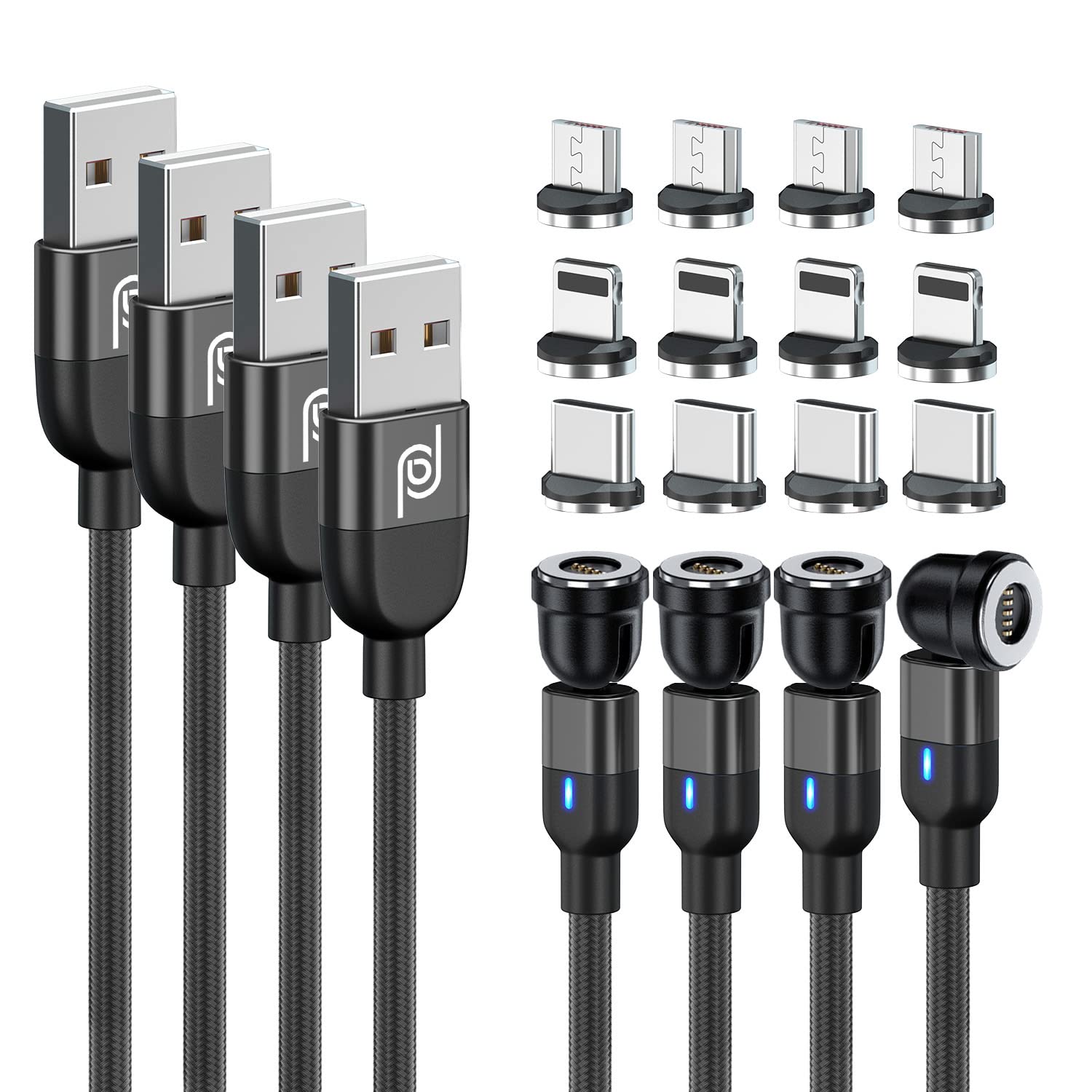 JJA Magnetic Charger Cable, Pack of 4, 2x1m,2m & 3m Long, 360°+180° Rotating, Flexible, Fast Charging, Visibility LED & Nylon Braided, Compatible with Micro USB, Type C, i-connector (Black)