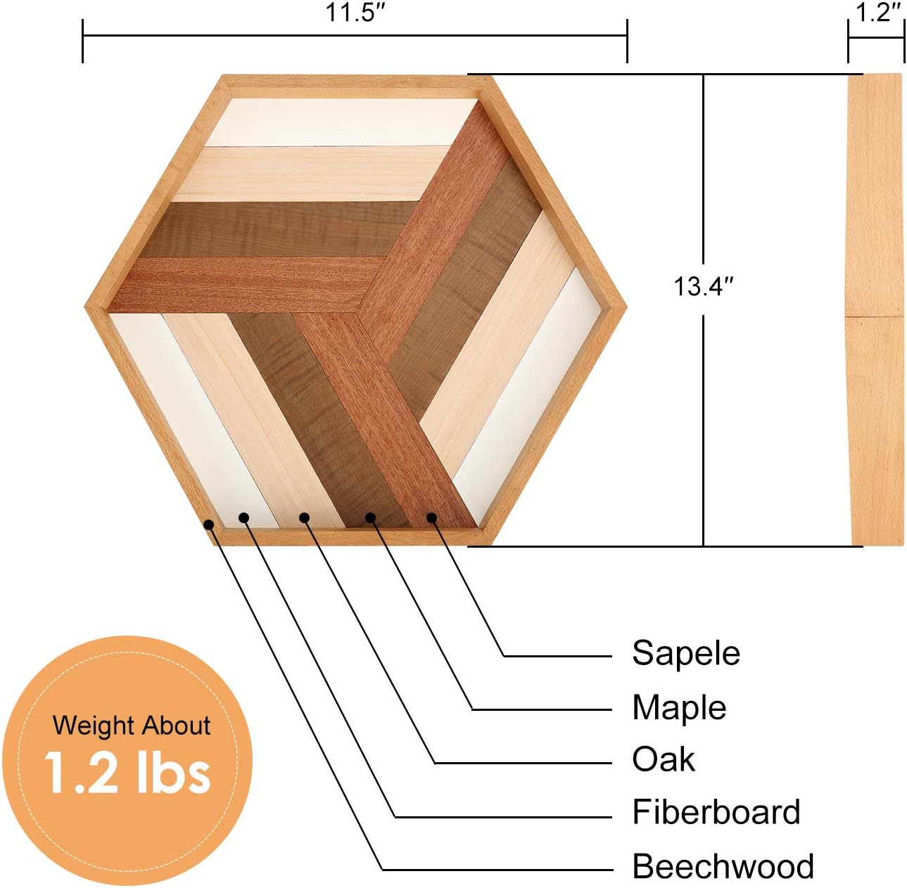 QUEENSDOWN 34cm x 29cm X 3cm Hexagon Serving Tray Wooden Handmade - Image 3