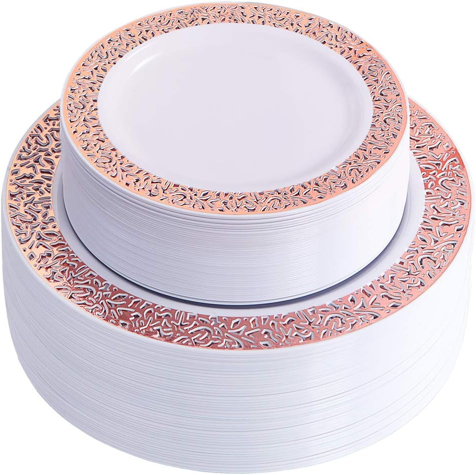 WDF102 pcs Rose Gold Plates-Lace Design Disposable Plastic Plates-Wedding Party Plastic Plates include 51 Plastic Dinner Plates 10.25inch,51 Salad/Dessert Plates 7.5inch (Rose Gold Plates)