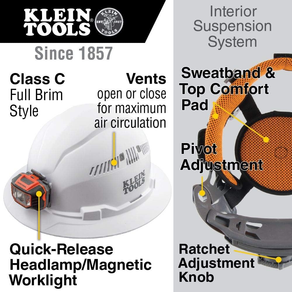 Klein Tools 60407 Hard Hat, Light, Vented Full Brim Style, Padded, Self-Wicking Odor-Resistant Sweatband, White - - 
