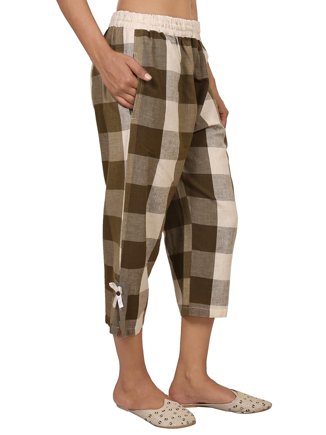 9teenagain women's cotton checkered capri (olive green)