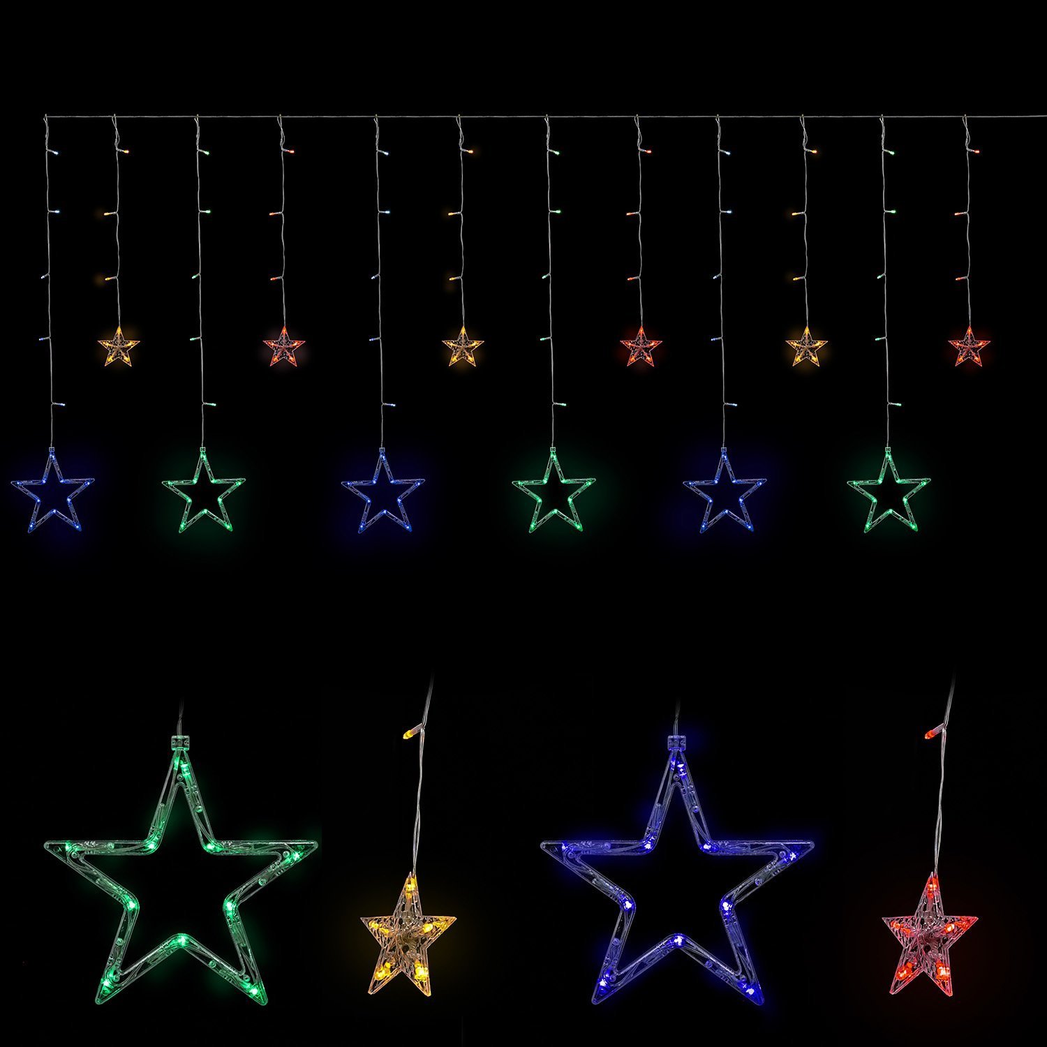 LED Sternenvorhang mit USB-Stecker 138 LED-Lichter Fernbedienung Schaltuhr 8 Modus Weihnachtlicher Lichtervorhang Lichterkette Stern Weihnachtsdekoration Dekolicht (mehrfarbig)