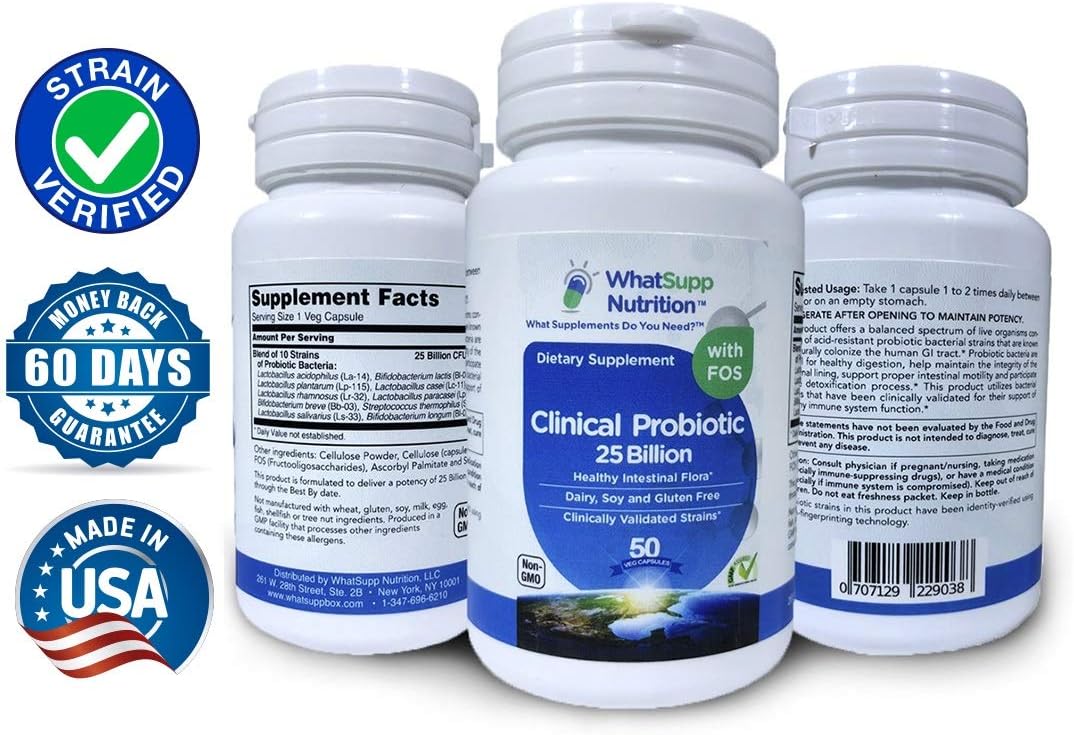 Clinical Probiotic - Vegan Probiotics with FOS Prebiotics | Shelf Stable 25 Billion CFUs, 10 Strains | RiboPrinter® Strain-Verified, 50 Capsules | Boosts Immune & Digestive System | WhatSupp Nutrition
