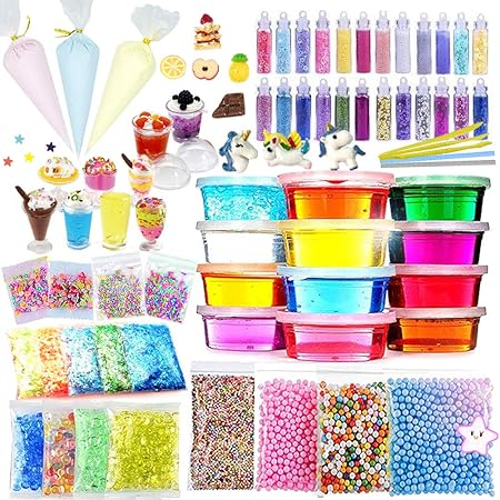 Amazon スライムキット Diyセット ユニコーン ケーキ 絞りクーリムねんど 手つくりおもちゃ 水晶スライム ラメ 発泡スチロール 果物切片 金魚鉢ビーズ 金箔吹雪slime あんしん素材 独占包装 日本語説明書 ねんど おもちゃ