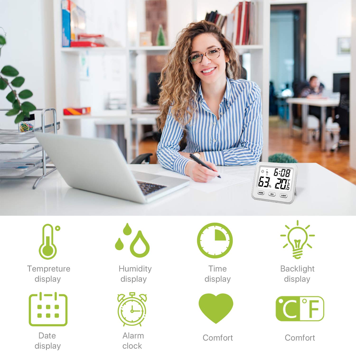 Waykar Digital Hygrometer Indoor Thermometer with Backlight for Dehumidifier, Humidity Gauge Meter Room Thermometer with Time, Date, Alarm Clock Function, Temperature and Humidity Monitor for Home