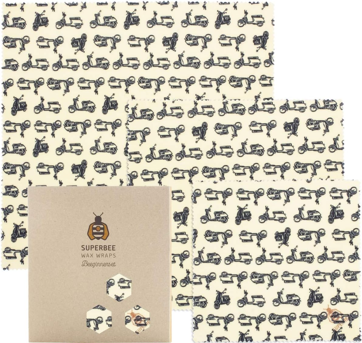Superbee Beeswax Wrap | Set of 3: Small, Medium and Large | Vespa | Reusable, Eco Friendly, Zero Waste Food Wrap