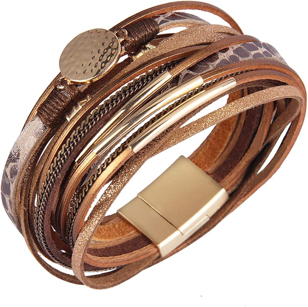 AZORA Leather Wrap Bracelets for Women Goldplated Metal Crescent Cuff Bracelet with Magnetic Buckle Casual Bohemian Wrist Bangle Jewelry Gift for Ladies Teen Girls Sister Mum: Jewelry
