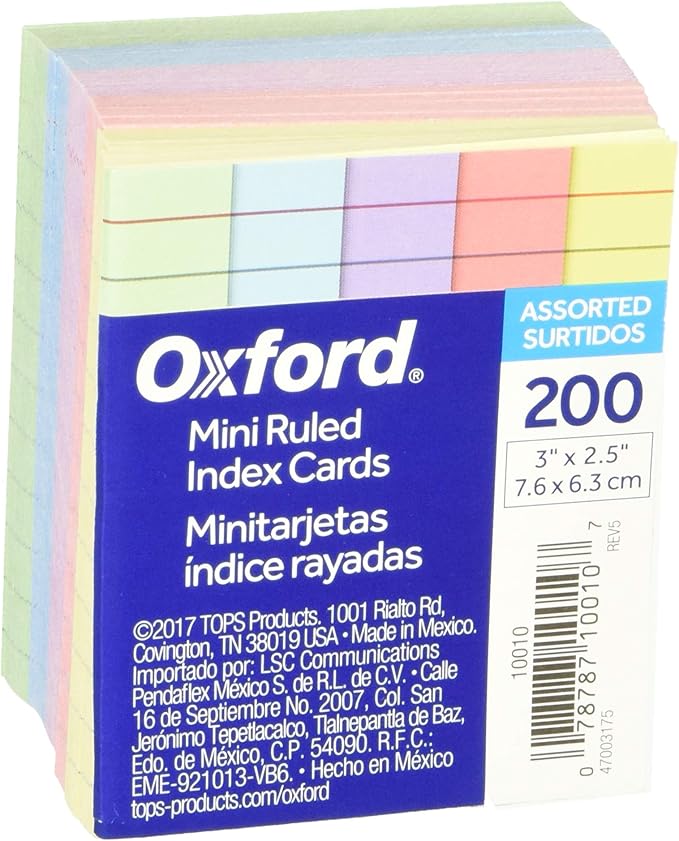 Oxford Half Size Index Cards, 3" x 2.5", Ruled, Assorted Colors, 200/Pack (10010EE) Amazon.ca