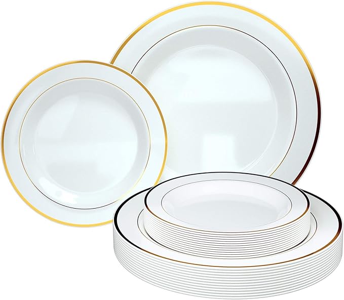 PB 10 PCS Set Elegant Plastic Plates Gold Trim and White