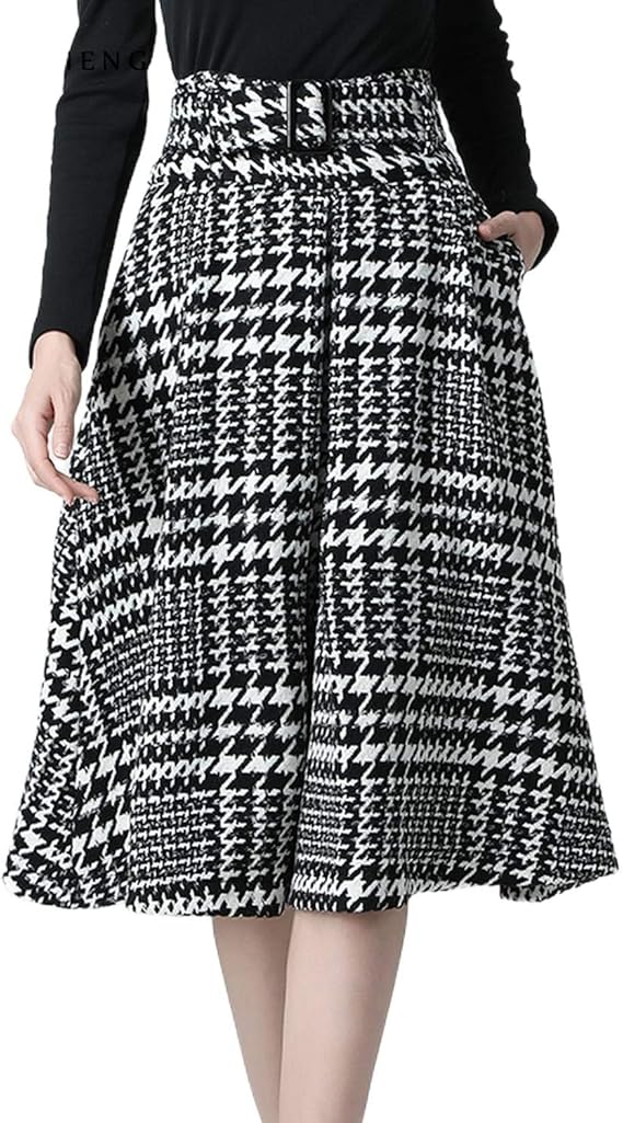 Amazon Sexy Kawayi ファッション女性ウールスカートハイウエストプラスサイズaライン千鳥格子縞のスカート ベルトポケット付き韓国女性冬ミディスカート Plaid Xxxl 服 ファッション小物 通販