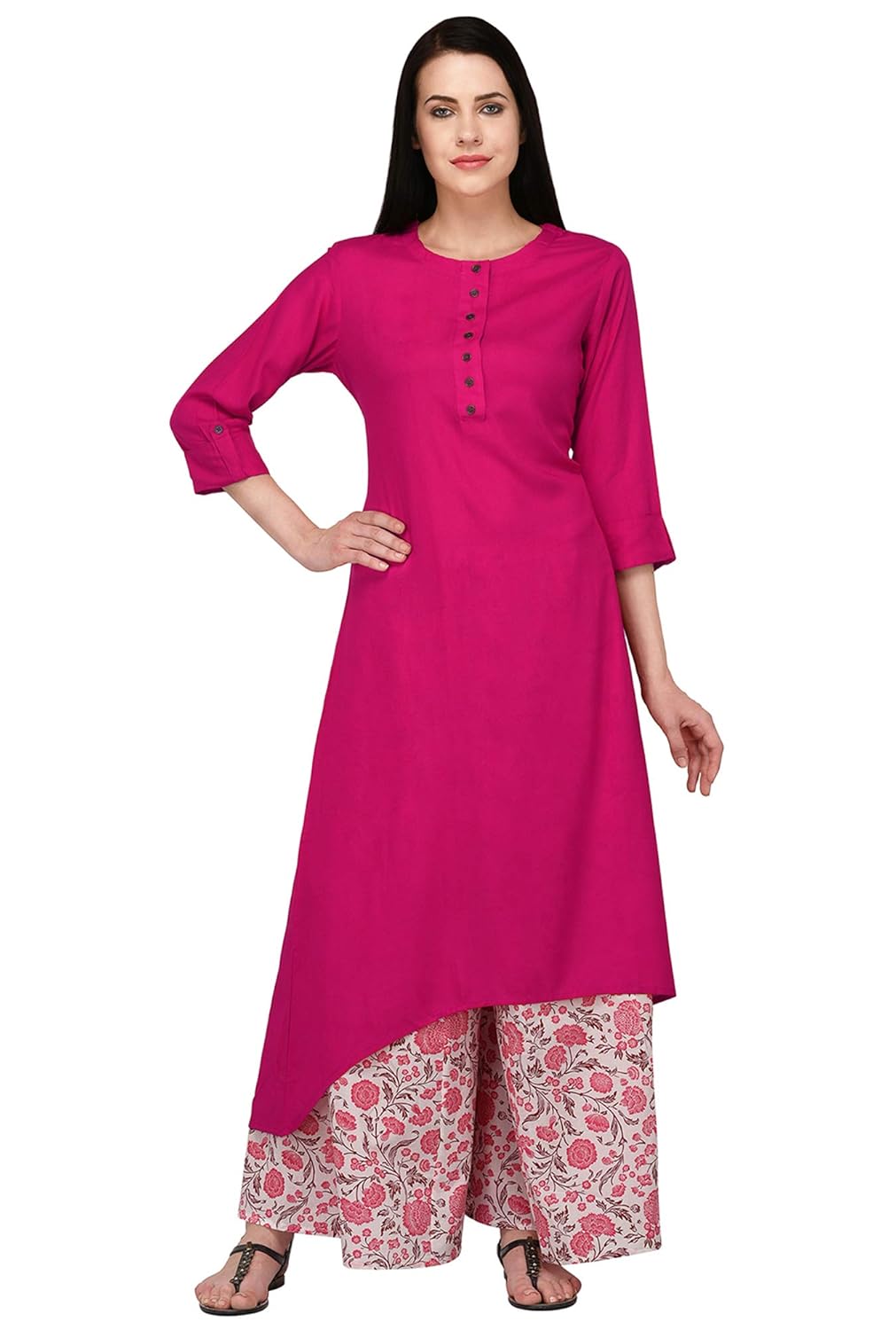 pistaa's women's viscose pink high low kurta with printed palazzo set