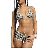 RoseSeek Women's 2 Piece Gingham Checkered Bikini Set with Shorts Plaid Halter Boyshorts Swimsuits