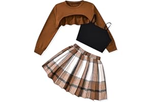 fioukiay Girls 3 Piece Outfit Skirt Sets Long Sleeve Sweatshirt and Plaid Pleated Skirt with Camisole Clothes Set