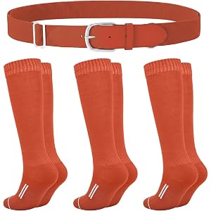 3 Pairs Youth Baseball Softball Cushioned Socks & 1 Elastic Belt Combo Set | Youth Cushioned Baseball Socks & Belt with Adjus