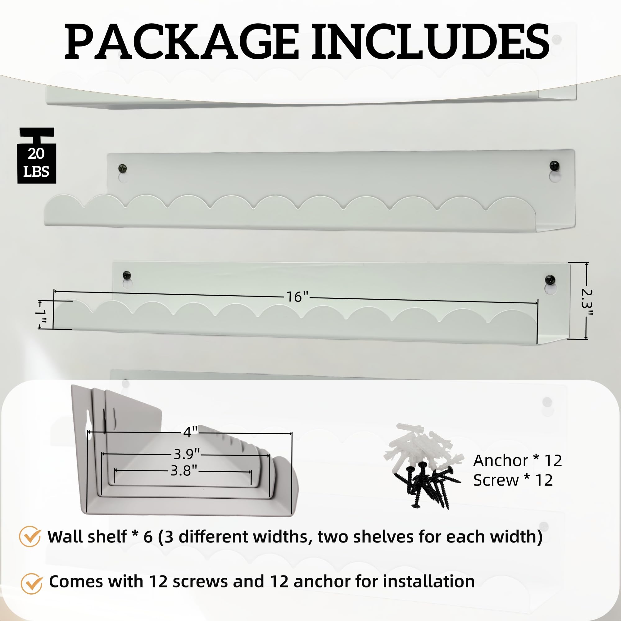 FESTLOVE Nursery Book Shelves Set of 6, White Metal Floating Shelves for Wall, 16 Inch Scalloped Book Shelf for Kids Room, Bathroom, Bedroom, Playroom Wall Decor & Storage