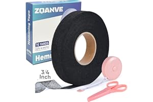zqanve Hem Tape - 3/4 INCH x 70 Yards - No Sew Iron-On Fusible Interfacing Hemming Fabric Tape Adhesive with Scissors&Tape Measure - for Clothes Pants Dresses Curtains (Black)