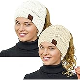 Rosoz Womens Ponytail Beanie Winter Beanie Hat Ponytail Hatfor Women Tail Stretch Cable Knit Cap Messy High Bun Hat