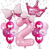 FJZEPIN 32-Inch Number 2 Balloon Set with Bows & Crown - Pink princess birthday party decorations for Girls, crown balloons, princess balloons, suitable for birthday decorations (2)