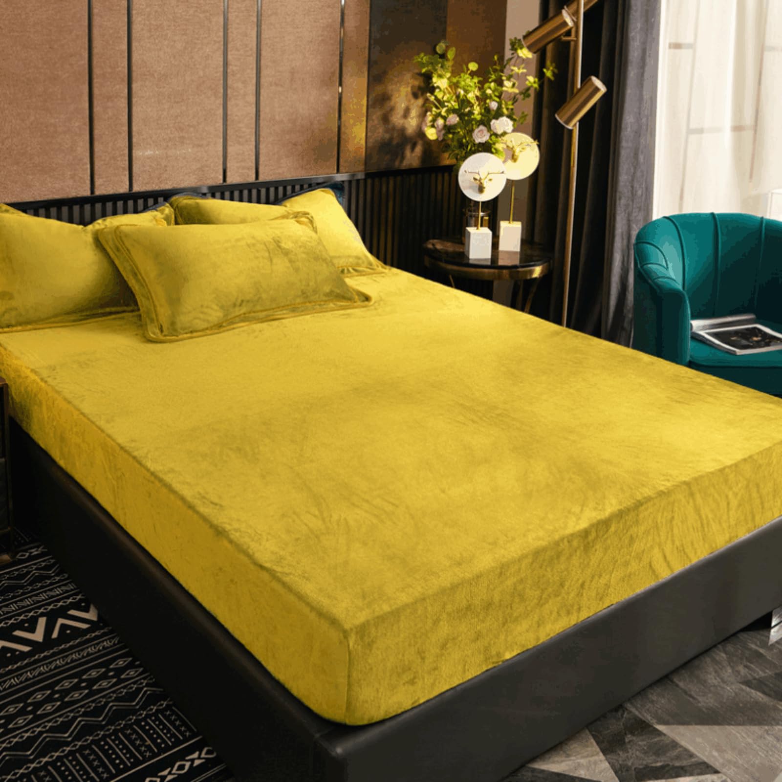 Photo 1 of 1 Pack Yellow Crystal Velvet Fitted Sheet Full with 16" Elastic Deep Pocket, Ultra Soft Fluffy Double Fitted Bottom Sheet Only, Warm Fuzzy Flannel Mattress Protector for Fall Winter Spring
