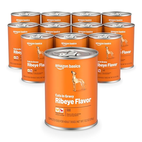 AMAZON BASICS WET DOG FOOD, CUTS IN GRAVY, RIBEYE FLAVOR, MADE WITH REAL CHICKEN AND BEEF, 13.2 OZ CAN (PACK OF 12)