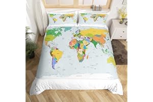 Feelyou Kids World Country Bedding Set Full Colorful Map Duvet Cover for Girls Boys Women Men Bedroom Geography Theme Decor Comforter Cover Set Ultra Soft Bedspread Cover with 2 Pillow Case