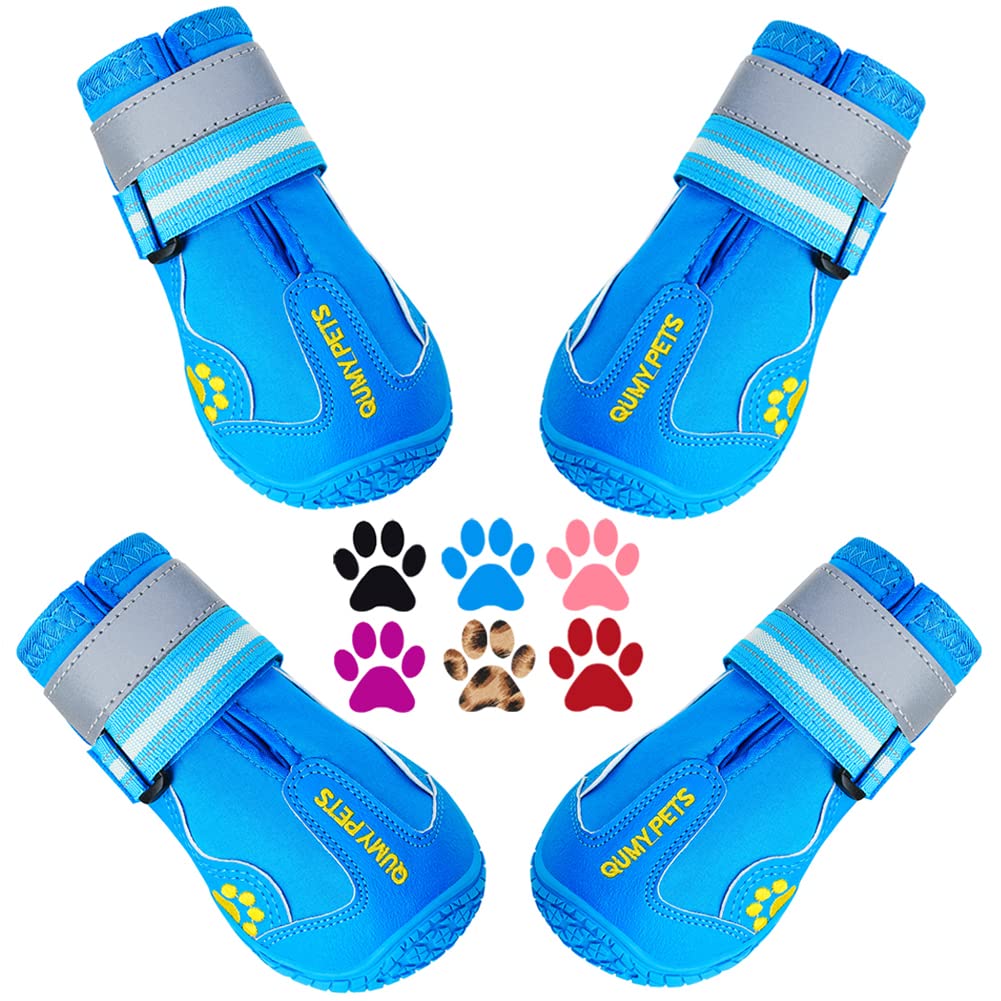 QUMY Dog Shoes for Large Dog, Medium Dogs Boots & Paw Protectors for Winter Snowy Day, Summer Hot Pavement, Waterproof in Rainy Weather, Outdoor Walking, Indoor Hardfloors Anti Slip Sole Blue 1
