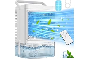 COOLECH Personal Air Conditioner, Smart Remote & LED Screen, 8-Cube Ice Tray, 4H Timer, 7 LED Light, 2 Cool Mist, 3 Speeds, 4-IN-1 Evaporative Air Cooler, Small Portable Air Conditioner for Room, Desk