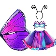 D.Q.Z Fairy Butterfly-Wings Costumes for Girls Dress Up with Rainbow Tutu Mask Headband Bug Play Toys for Kids Party Gifts