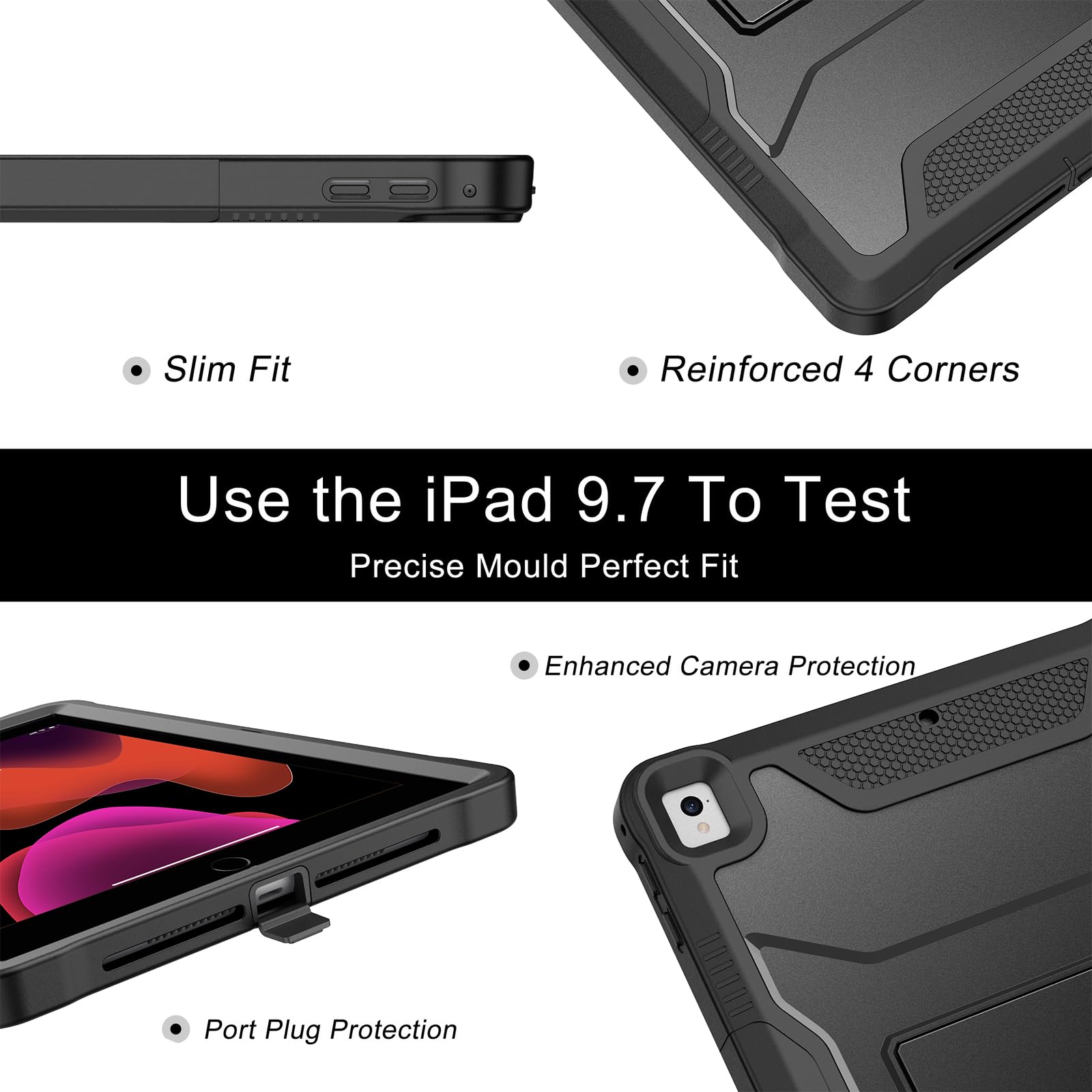 Soke Case for iPad 6th/5th Generation 9.7 Inch 2018/2017,with Built-in Screen Protector and Kickstand, Rugged Full-Body Heavy Duty Protective Cover for Apple iPad Air 2 /Pro 9.7 - Black