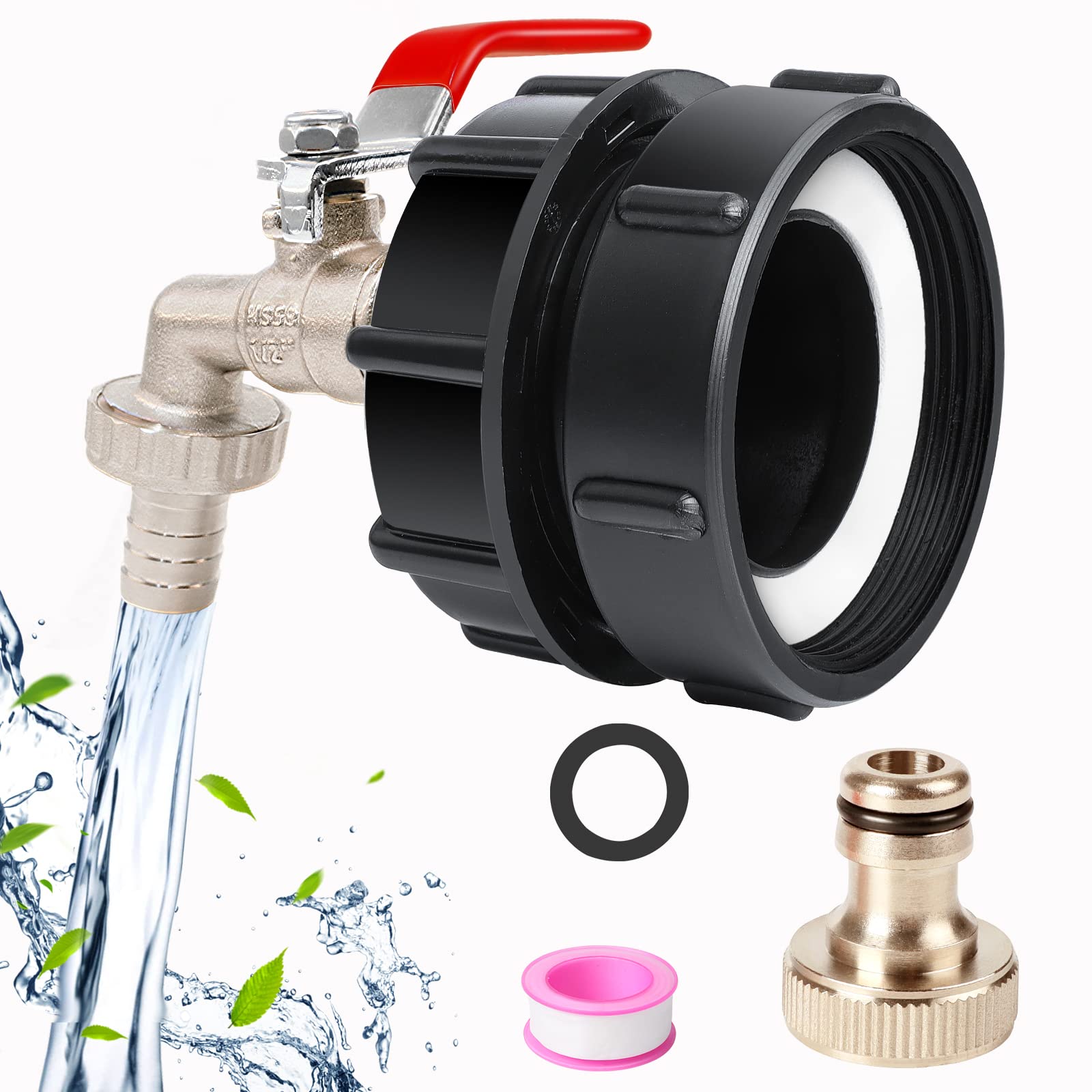 IBC Tank Fittings -IBC Tank Adapter 2.44"（62mm） Fine Thread 275-330 Gallon Water Tank Adapter for Garden Hose Connector Leakproof IBC Tote Valve Brass IBC Tote Tank Hose Adapter