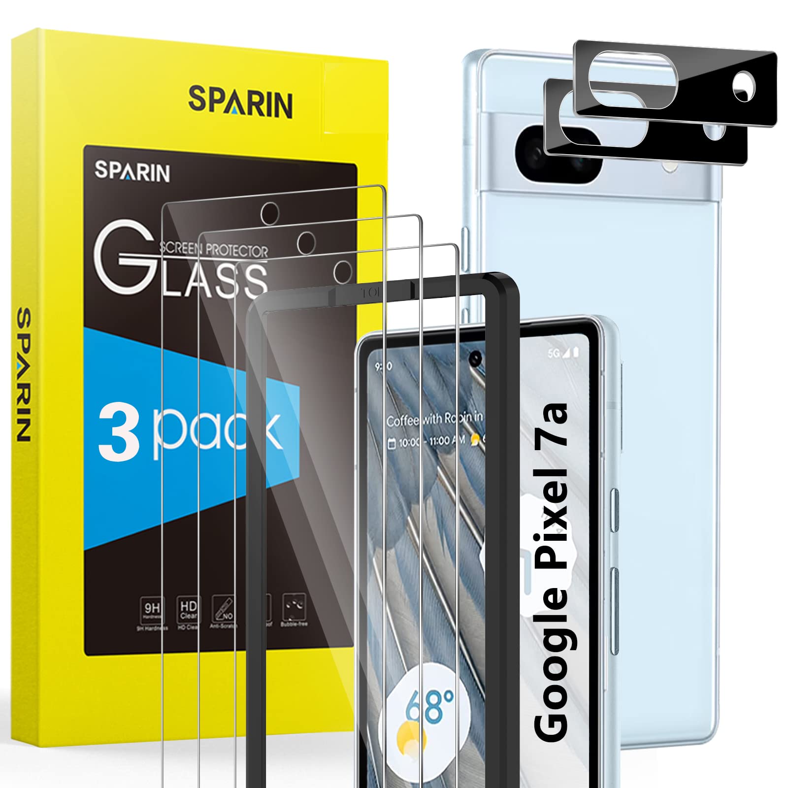 Photo 1 of SPARIN Screen Protector for Google Pixel 7a 6.1 Inches, 3 Tempered Glass and 2 Camera Films with Installation Frame