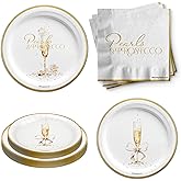 Pearls and Prosecco Bridal Shower Party Supplies - 24 Piece Tableware Set Includes Large 9" Dinner Plates and 7" Dessert Paper Plates Napkins