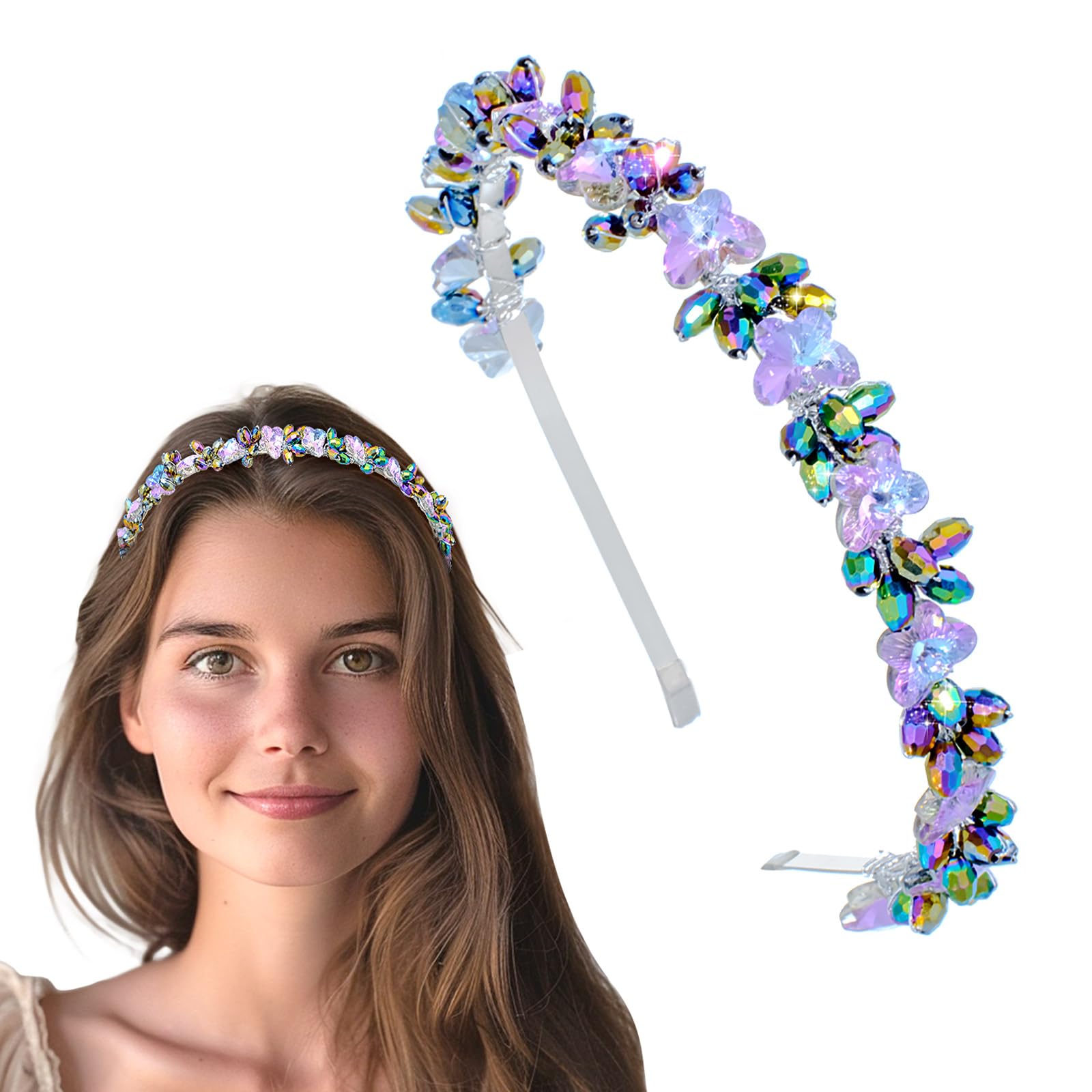 Rhinestone Headband sparkly Rainbow crystal purple flower Party Prom Hair Accessory for Women and Girls