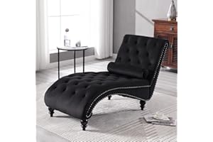 binzida Velvet Chaise Lounge Indoor,Button-Tufted Upholstered Chaise Lounge Chair with Pillow for Bedroom Living Room Office Modern Backrest Leisure Recliner Sleep Sofa,Black
